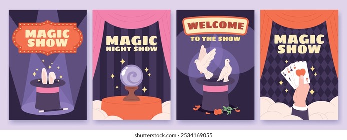 Magic show card. Illusionist shows in circus, magicians entertainment placards or posters with playing cards cylinder magic ball, racy vector design