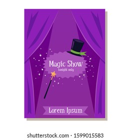 Magic Show Card Or Poster Template With Illusionist Hat And Magic Wand, Flat Cartoon Vector Illustration On Purple Background. Invitation To Entertainment Performance.