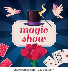 Magic show cartoon poster with magician accessories vector illustration