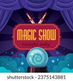 Magic show cartoon poster wtih magician glowing sphere vector illustration