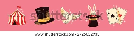 Magic Show and Circus Vector Set with Top Hat, Rabbit, Dove, and Playing Cards on Pink Background. Flat illustration design magic performance and illusion concept