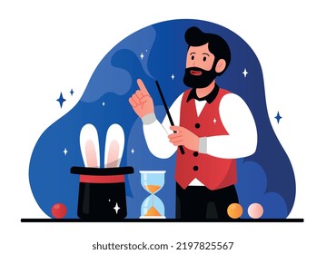 Magic show concept. Wizard with magic wand looks at hat with rabbit ears sticking out of it. Witchcraft, sorcery, imagination and fantasy. Illusionary and deceiver. Cartoon flat vector illustration