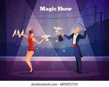 Magic show design concept with illusionist and his assistant performing show with pigeons flat vector illustration