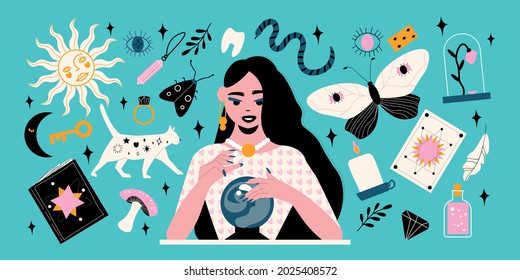 Magic show flat big set with gypsy fortune teller crystal ball and various magical attributes isolated on blue background vector illustration