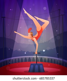 Magic show flat composition with slender girl in gym suit performing acrobatic exercise vector illustration