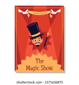 Magic show flyer poster template with cartoon magician in top hat smiling on red spotlight background - circus entertainment event banner - flat vector illustration.