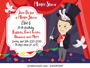 The Magic Show - Happy Birthday Invitation Card Template With Magician And Place For Your Text