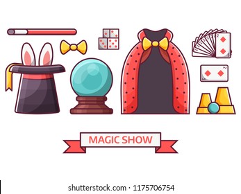 Magic show icon set in flat design. Conjurer or illusionist icon set with magician performance equipment. Such as black hat with rabbit ears, mystic ball, wand, playing cards and dice.