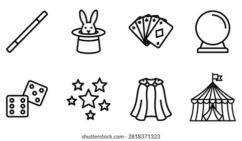 Magic show and illusionist performance line art icon set with illusion performance entertainment mystical collection gambling performer