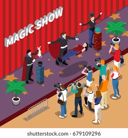 Magic show of illusionists on stage including master of levitation reporters with cameras isometric vector illustration