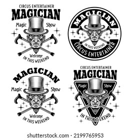 Magic show and illusionists set of vector emblems, logos, badges or labesl in vintage monochrome style with magician in cylinder hat and crossed canes isolated on white background