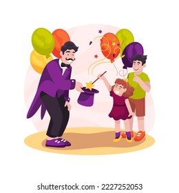 Magic show isolated cartoon vector illustration. Wizard performance, magician showing tricks to children, Birthday party, home celebration, amused kids, holding magic wand vector cartoon.
