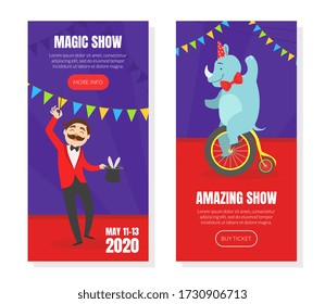 Magic Show Landing Page Template, Circus Performance Invitation Card, Flyer, Web Page, Mobile App Design n Vector Illustration