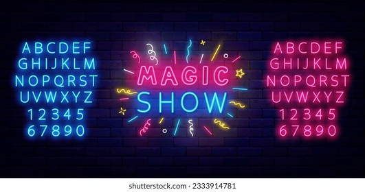 Magic show neon emblem. Firework confetti. Handwritten text. Shiny blue and pink alphabet. Glowing phrase. Light quote. Mystery night. Miracle festival. Bright banner. Vector stock illustration