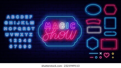 Magic show neon label. Colorful handwritten text. Shiny blue alphabet. Shiny phrase. Geometric frames collection. Light quote. Mystery night. Miracle festival. Bright banner. Vector stock illustration