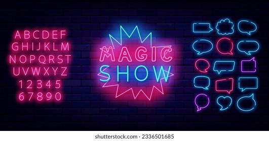 Magic show neon label. Explosion comics frame. Shiny pink alphabet. Glowing phrase. Light quote. Mystery night. Speech bubbles borders set. Miracle festival. Bright banner. Vector stock illustration