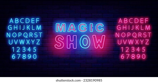 Magic show neon label. Handwritten text. Shiny blue and pink alphabet. Shiny phrase. Light quote. Mystery night. Miracle festival. Bright banner. Editable stroke. Vector stock illustration