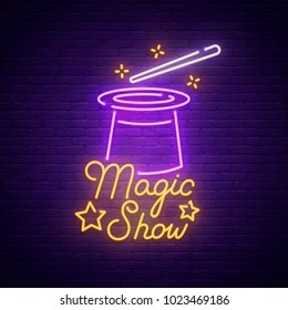Magic Show Neon Sign, Bright Signboard, Light Banner. Magic Logo, Emblem And Label. Vector Illustration