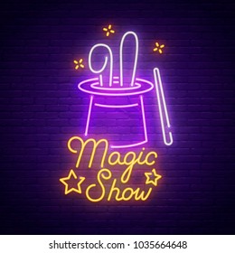 Magic Show Neon Sign, Bright Signboard, Light Banner. Magic Show Logo, Emblem. Vector Illustration