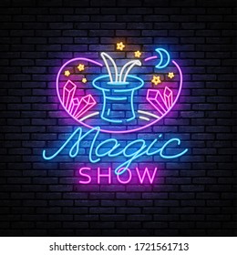 The magic show neon sign vector. Focus and entertainment Design template neon sign, light banner, nightly bright advertising, light inscription. Vector illustration.