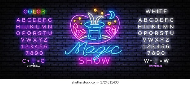 The magic show neon sign vector. Focus and entertainment Design template neon sign, light banner, nightly bright advertising, light inscription. Vector illustration. Editing text neon sign.