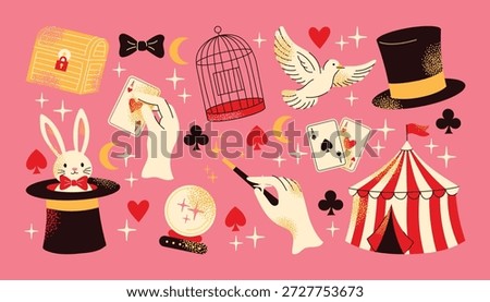 Magic show objects set rabbit in hat, playing cards, magician hands, wand, dove, circus tent, birdcage, chest and top hat on background. Flat illustration design magic performance and illusion concept
