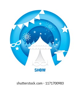 The magic show with paper cut style. Vector illustration of carnival funfair theme