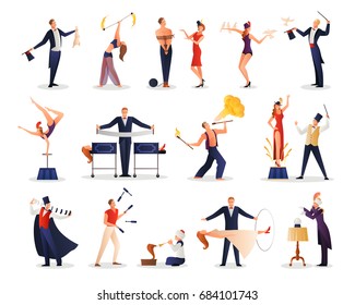 Magic Show People Set Of Juggler Acrobat Illusionist Assistant Colored Figurines Flat Isolated Vector Illustration