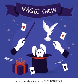 Magic show, performance with white rabbit, dove, pigeon, mistery gift, hands in gloves, cards. Illusionist, wizard entertainment, event.