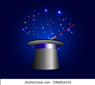 Magic show poster design with magic hat and magic wand on blue glowing mysterious background with sparkles.