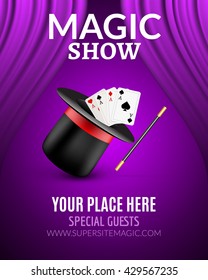 Magic Show poster design template. Magic show flyer design with hat and curtains.