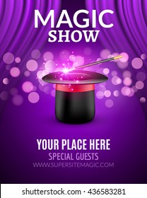 Magic Show poster design template. Magic show flyer design with hat and curtains.