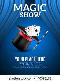 Magic Show Poster Design Template. Magic Show Flyer Design With Hat And Curtains.