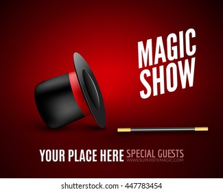 Magic Show Poster Design Template. Magic Show Flyer Design With Magic Hat And Magic Wand.