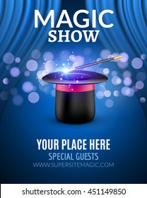 Magic Show Poster Design Template. Magic Show Flyer Design With Magic Hat And Curtains.