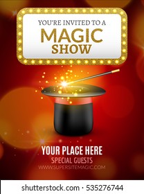 Magic Show Poster Design Template. Magic Show Flyer Design With Magic Hat And Retro Light Sign.