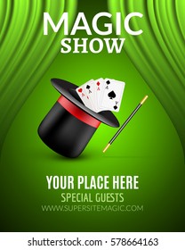 Magic Show poster design template. Magic show flyer design with magic hat and curtains