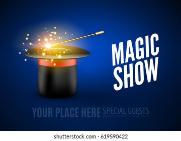 Magic Show poster design template. Magic show flyer design with magic hat and magic wand.