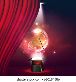 Magic Show Poster Design Template. Magic Show Flyer Design With Hat And Curtains. Magical Illusion Fiction In Theater