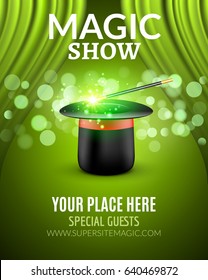 Magic Show Poster Design Template. Magic Show Flyer Design With Magic Hat And Wand. Magician Entertainment.