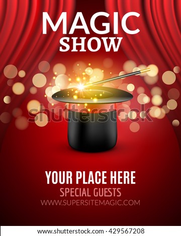 Magic Show poster design template. Magic show flyer design with hat and curtains. Magical illusion fiction in theater