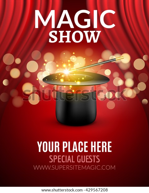 Magic Show\
poster design template. Magic show flyer design with hat and\
curtains. Magical illusion fiction in\
theater