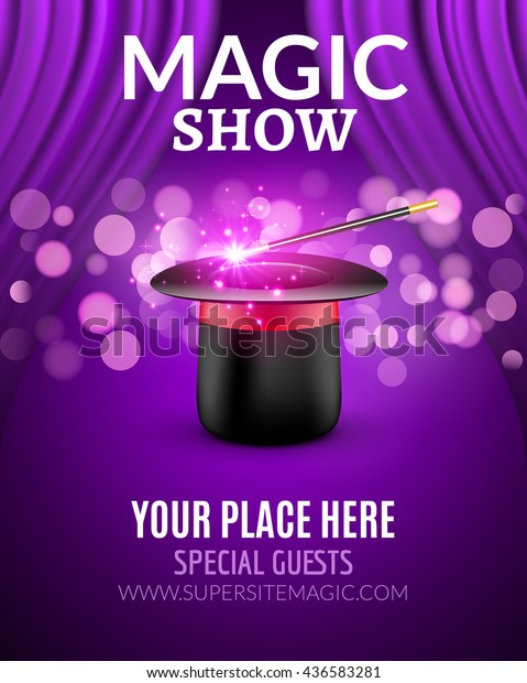 Magic Show poster design template. Magic show\
flyer design with hat and\
curtains.
