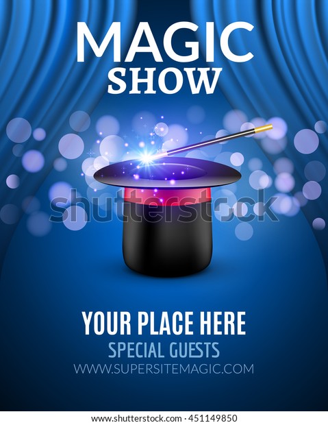 Magic Show poster design template. Magic\
show flyer design with magic hat and\
curtains.