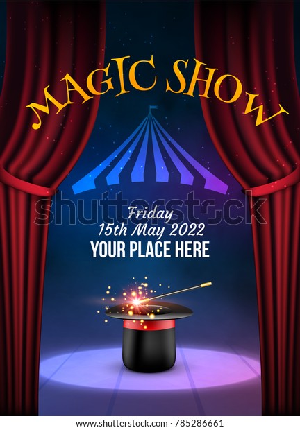 Magic Show poster\
design template. Illusion magical vector background. Theater\
magician flyer with hat\
trick.