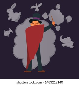 Magic show poster design vector illustration. Magician making illusion of animals from smoke. Magic show illusion fiction in theater or circus.