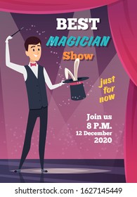 Magic show poster. Magician character show tricks wizard with mystery cap vector placard invitation