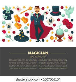 Magic Show Poster Of Magician Man And Trick Equipment Vector Flat Icons