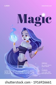 Magic show poster with mystic girl holding blue fire in hand. Vector flyer with cartoon illustration of fairytale wizard or genie woman with long hair and gold jewelry. Banner of magical performance