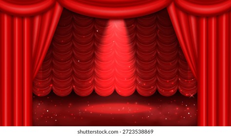 Escenario de espectáculo de magia con brillo brillante y foco. Vector ilustración realista del piso del teatro decorado con cortinas rojas, cortina de lujo y confeti brillante, fondo de Anuncio de concierto